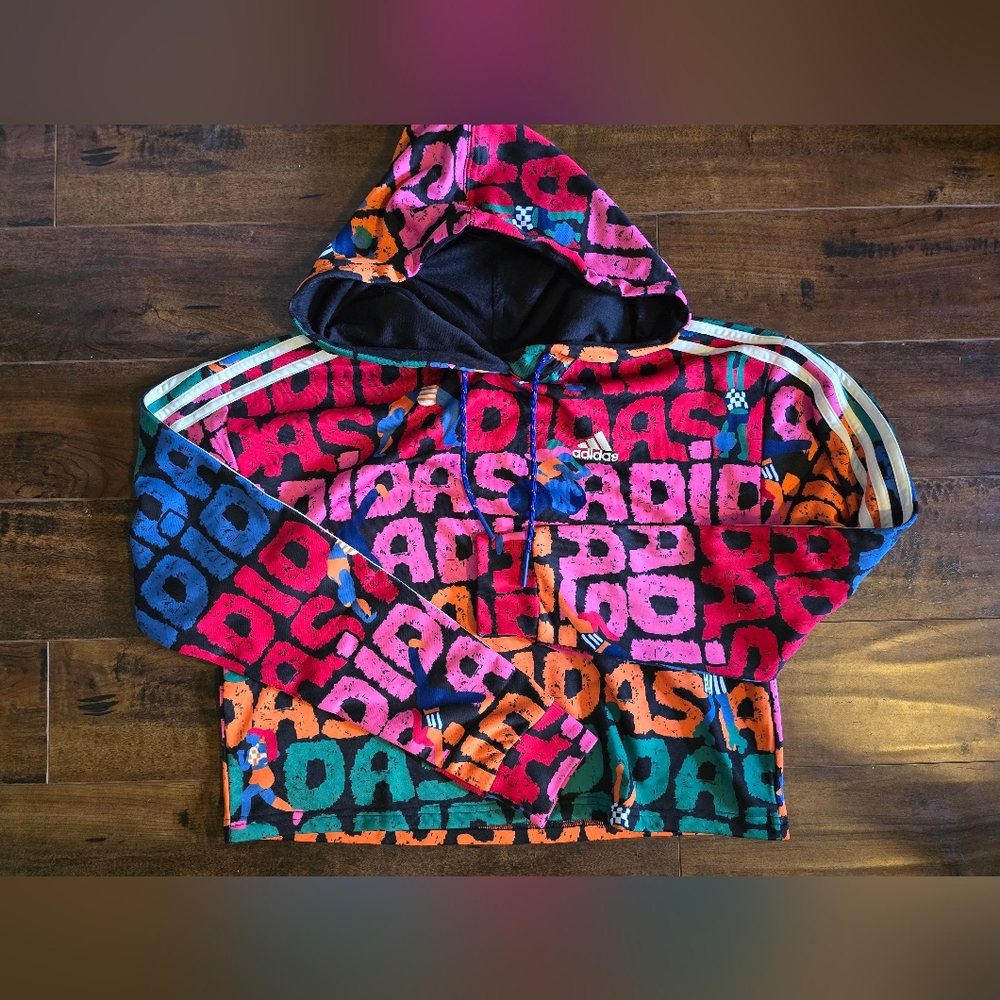 Adidas Multicolor Logo Print Hoodie .. kids but fits women Xs or S